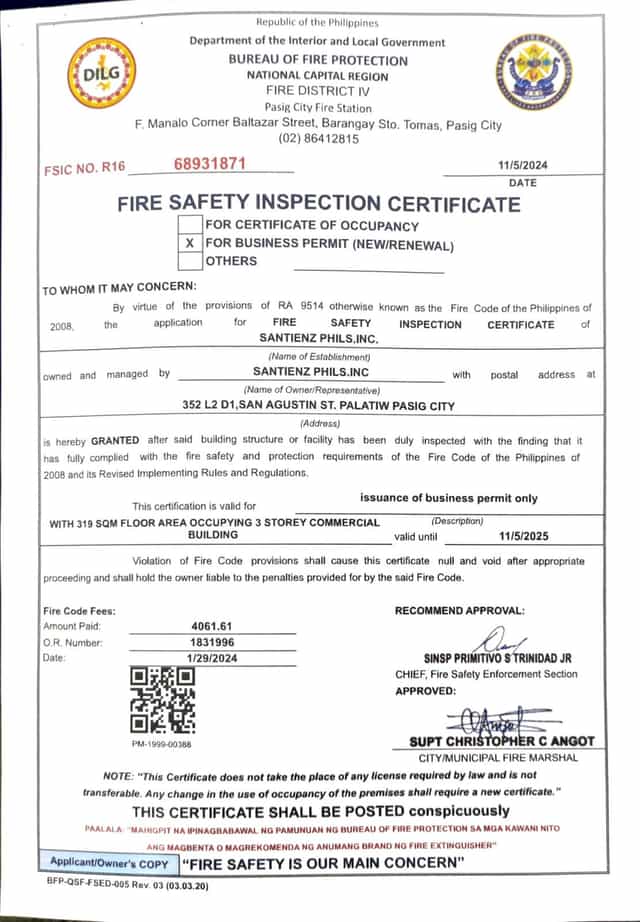 Fire Safety Inspection Certificate