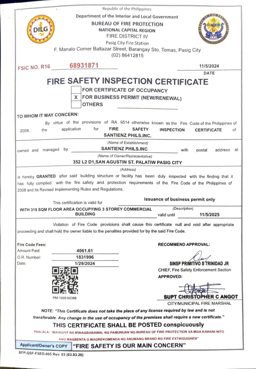 Fire Safety Inspection Certificate